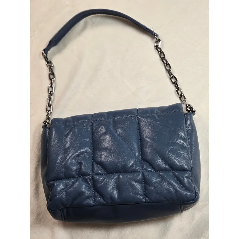 Zara Blue Quilted Puffer Shoulder Bag‎ Gunmetal Chain Strap Minimalist Small
